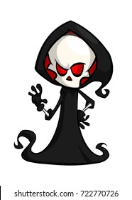 Vector illustration of cartoon death Halloween monster mascot isolated on dark background. Cute cartoon grim reaper