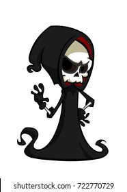 Vector illustration of cartoon death Halloween monster mascot isolated on dark background. Cute cartoon grim reaper