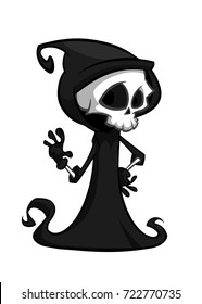 Vector illustration of cartoon death Halloween monster mascot isolated on dark background. Cute cartoon grim reaper