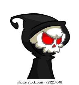 Vector illustration of cartoon death Halloween monster mascot isolated on dark background. Cute cartoon grim reaper