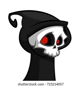 Vector illustration of cartoon death Halloween monster mascot isolated on dark background. Cute cartoon grim reaper