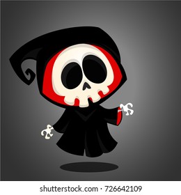 Vector illustration of cartoon death Halloween monster mascot isolated on dark background. Cute cartoon grim reaper