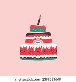 Vector illustration with cartoon decorated cake on a pink background. Vector elements for the design of greeting cards, pastry shop banners, holiday decorations. Cake for christmas. Scandinavian style