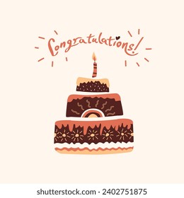 Vector illustration with cartoon decorated cake and lettering on a white background. Vector elements for the design of greeting cards, bakery banner.