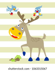 Vector illustration of cartoon deer with birds carrying fruit 