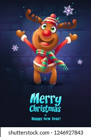 Vector illustration cartoon deer greeting card Merry Christmas. For web, video games, user interface, design.