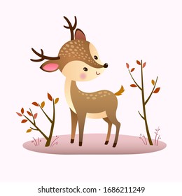 Vector illustration of a cartoon deer on pink background.