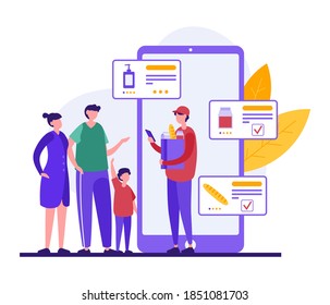 Vector illustration of cartoon delivery man with paper bag checking list of purchases on smartphone while delivering groceries to modern family. Online food delivery flat concept