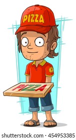 A vector illustration of cartoon delivery man with pizza