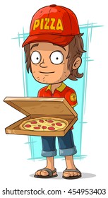 A vector illustration of cartoon delivery man with open pizza box