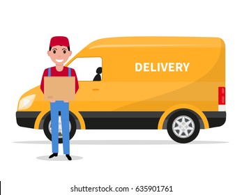 Ilustración vectorial caricaturista hombre con caja de cartón y auto. Fondo blanco aislado. Estilo plano. El concepto de un servicio de entrega comercial.