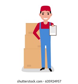Vector illustration cartoon delivery man with cardboard boxes. Isolated white background. The concept of a business delivery service and loading.