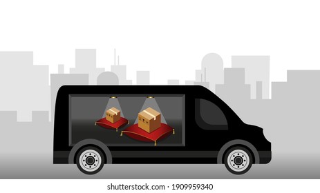 Vector illustration. Cartoon delivery truck. Delivery service concept. Royal delivery)