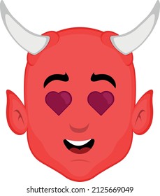 Vector illustration of a cartoon demon face with eyes in the shape of hearts