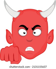 Vector illustration of a cartoon demon face with an angry expression and giving a fist bump