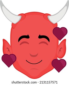 Vector illustration of a cartoon demon face surrounded by hearts