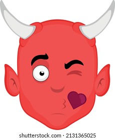 Vector illustration of a cartoon demon face giving a heart-shaped kiss