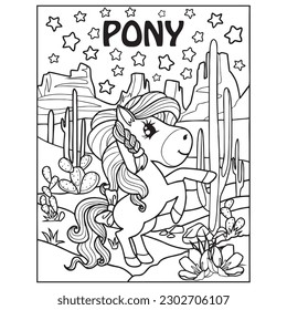vector, illustration, cartoon, design, art, drawing, business, symbol, pony, horse, cute, black, white, coloring, cactus, dessert