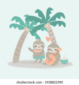 vector illustration cartoon design the monkey couple in love so happy on hawai island, playing guitar and sing a song together