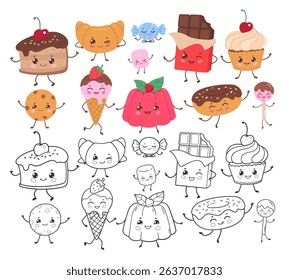 Vector illustration of cartoon desserts in color and outline with funny faces. Flat isolated illustration.