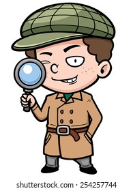 Vector illustration of Cartoon detective with magnifying glass