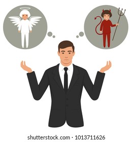 Vector Illustration Of A Cartoon Devil And Angel, Good And Bad Choice, Wings, Horns And Halo