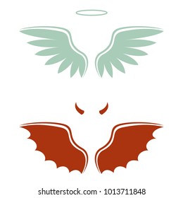 vector illustration of a cartoon devil and angel, good and bad choice, wings, horns and halo
