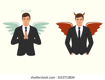 vector illustration of a cartoon devil and angel, good and bad choice, wings, horns and halo