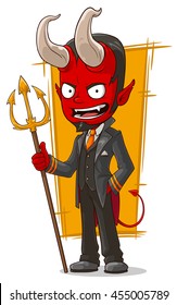 A vector illustration of cartoon devil in black jacket with trident