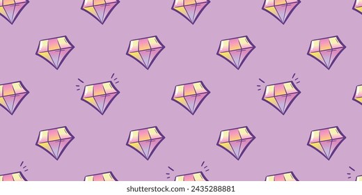Vektorgrafik. Cartoon Diamond nahtloses Muster. Schmuck wiederholt Ornament. Lila Diamanten-Druck. Crystal Illustration Set