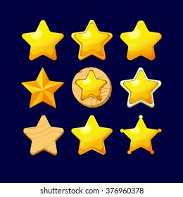 Vector illustration.Set of Cartoon different Stars.Cartoon glossy Star isolated on a dark background. Game icon.Vector design for app user interface and score display.Set of wooden and golden stars. 
