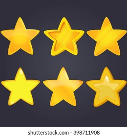 Vector illustration.Set of Cartoon different Stars.Cartoon glossy isolated on a dark background. Game icon.design for app user interface and score display.et of wooden and golden .