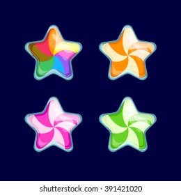 Vector illustration.Set of Cartoon different Stars.Funny cartoon colorful bubbles Candy glossy Star isolated on a dark background. Game icon.Vector design for app user interface and score display.