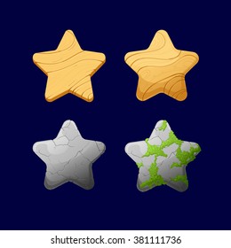 Vector illustration.Set of Cartoon different Stars.Glossy Star isolated on a dark background. Game icon.Vector design for app user interface and score display.Set of wooden and stone with moss stars.