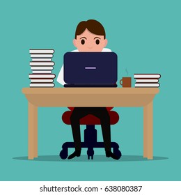 Vector illustration of a cartoon diligent office worker at the table. Businessman learns to work on a laptop. Flat style. Man is working at a computer at a desk with a large stack of books.