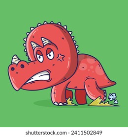 Vector illustration of Cartoon Dinosaur. Angry Triceratops cartoon illustration. Hand drawn vector illustration.