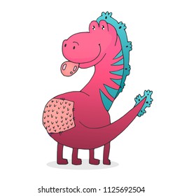 Vector illustration of Cartoon Dinosaur Character. 
Pink Predator blows a bubble of gum. Behind the patch.