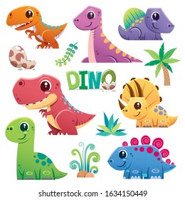 Vector Illustration Of Cartoon Dinosaur Character Set