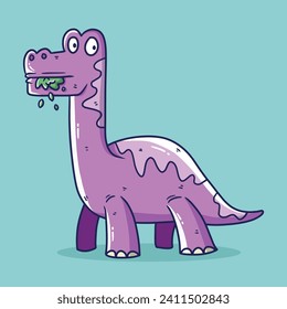 Vector illustration of Cartoon Dinosaur. Diplodocus eat leaf cartoon illustration. Hand drawn vector illustration