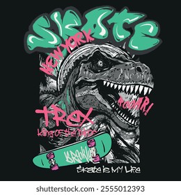 Vector illustration of cartoon dinosaur and graffiti letters.