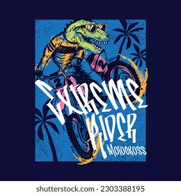 Vector illustration of cartoon dinosaur and dinosaur motocross. For kids t-shirt.