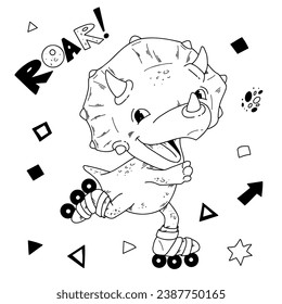 Vector illustration of a cartoon dinosaur on roller skates.