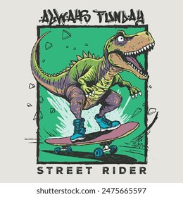 Vector illustration of cartoon Dinosaur on skateboarding. For boys t-shirt.