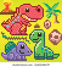Vector illustration of Cartoon Dinosaur, Pixel design, cute, set2