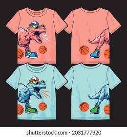 Ilustración vectorial de los dinosaurios de dibujos animados jugando al baloncesto. Diseño gráfico para camisetas de niños