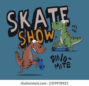 Vektorgrafik von Cartoon Dinosaurier Reiten Skater mit Typografie. für Kinderhemd