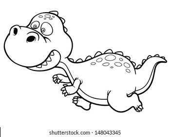 Vector illustration of cartoon dinosaur running - Coloring book