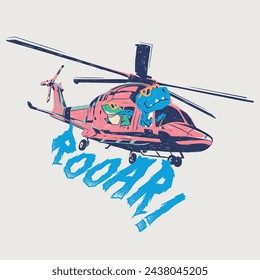 Vector illustration of  cartoon dinosaur and shark traveling in a helicopter.