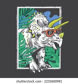 Vector illustration of cartoon dinosaur with sunglasses  and tropical leaves. For boys t shirt.