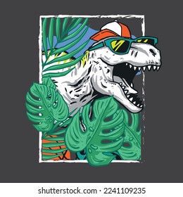 Vector illustration of cartoon dinosaur with sunglasses  and tropical leaves. For boys t shirt.